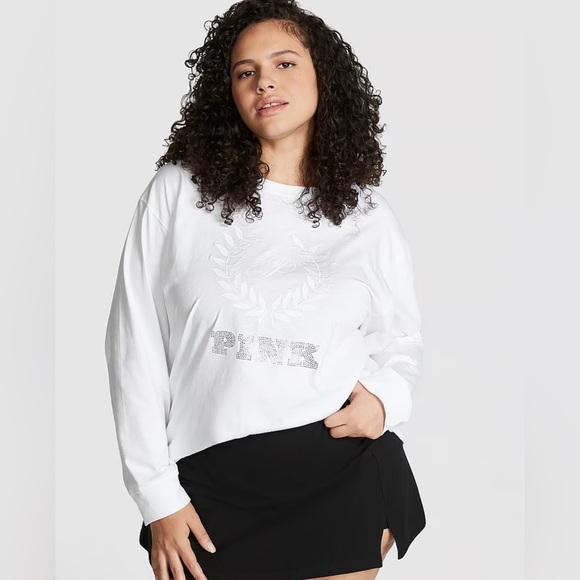 VS PINK OVERSIZED LONG SLEEVE CAMPUS TEE SHIRT OPTIC WHITE SHINE BLING NWT LARGE - Picture 1 of 5
